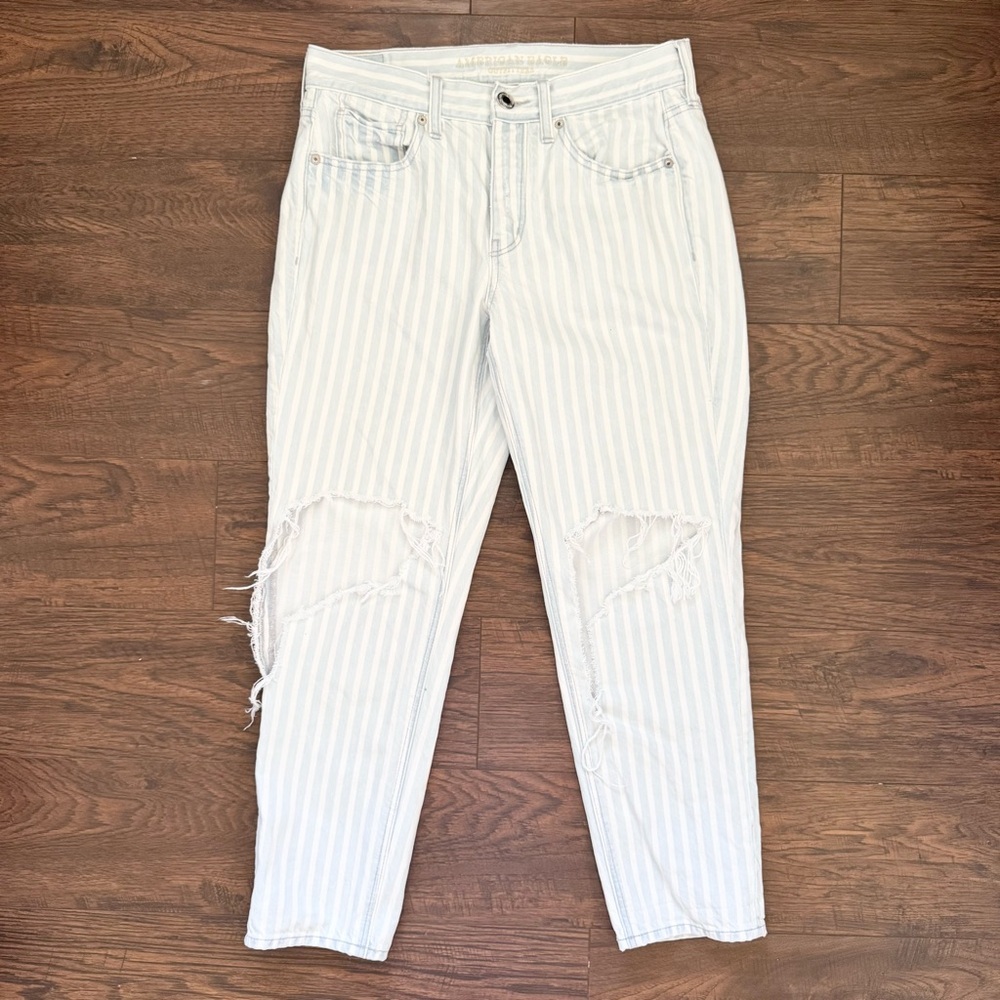 American Eagle Outfitters Striped 4 Button Blue & Ivory Distressed Jeans 6 Short